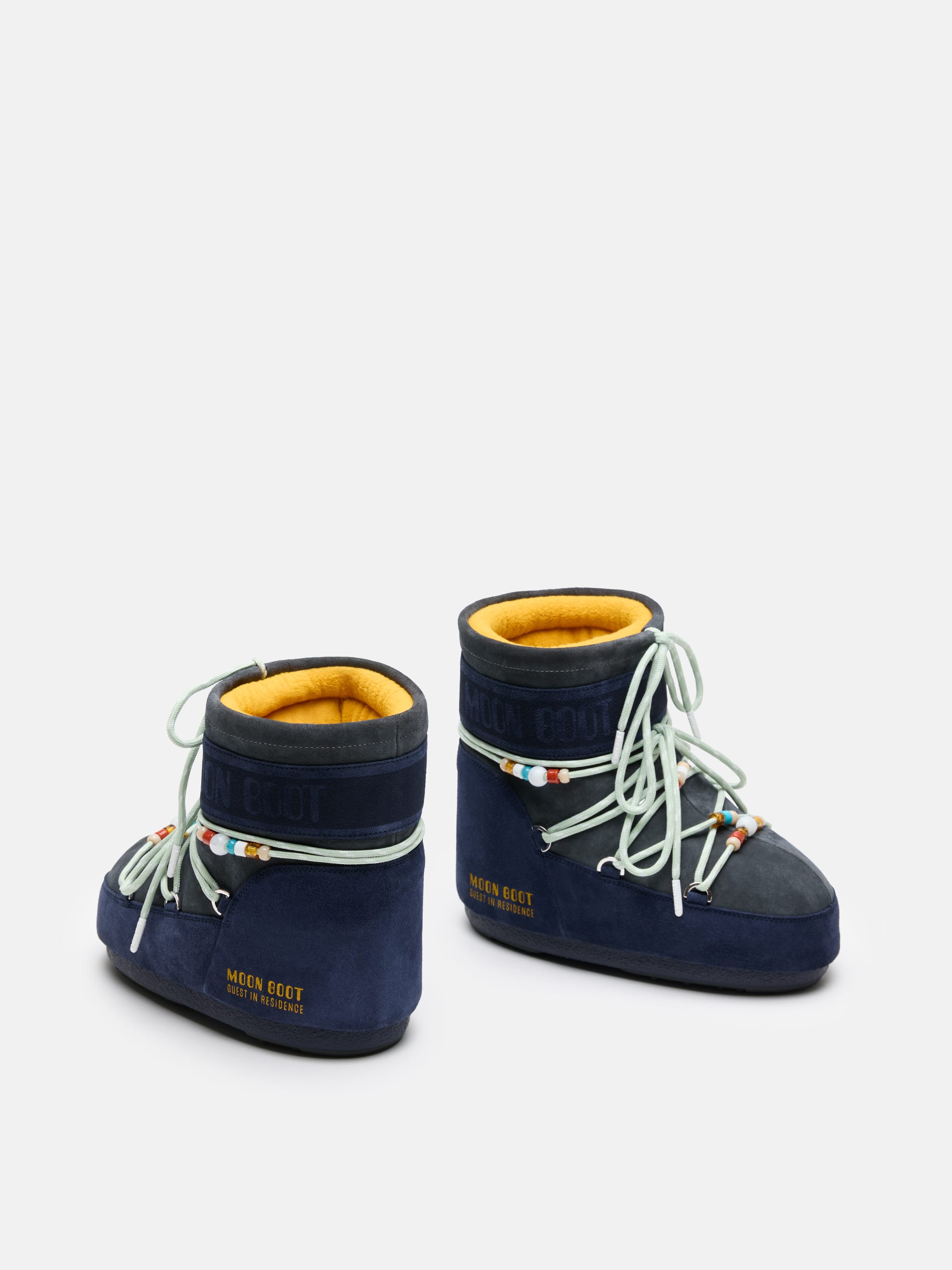 MOON BOOT X GUEST IN RESIDENCE ICON LOW MIDNIGHT & GREY BEADED SUEDE BOOTS