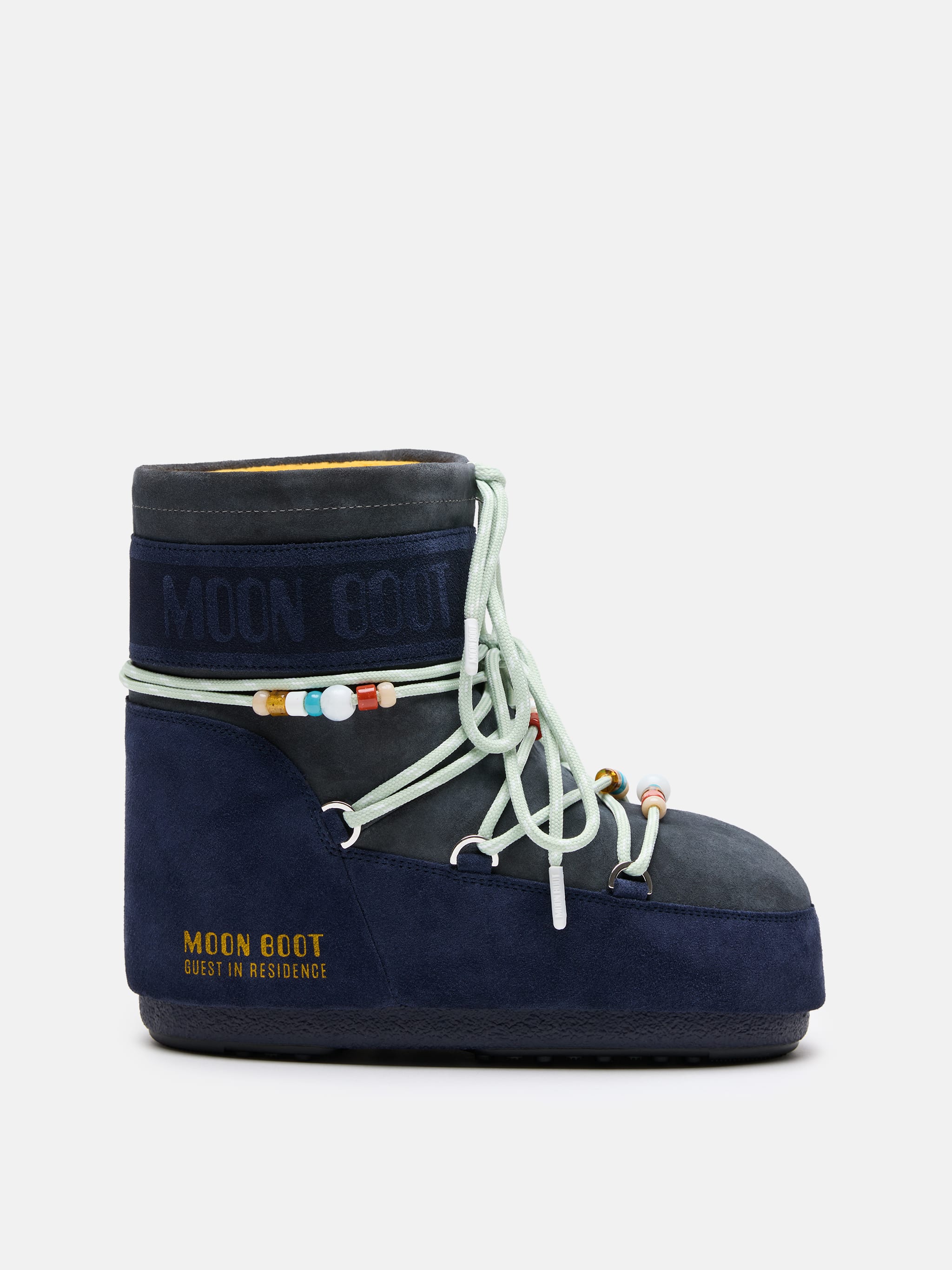 MOON BOOT X GUEST IN RESIDENCE ICON LOW MIDNIGHT & GREY BEADED SUEDE BOOTS